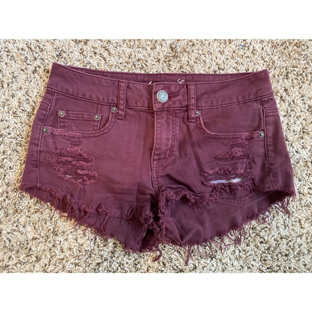 American Eagle Outfitters Womens Y2K Distressed Denim Shorts Burgundy Maroon 0